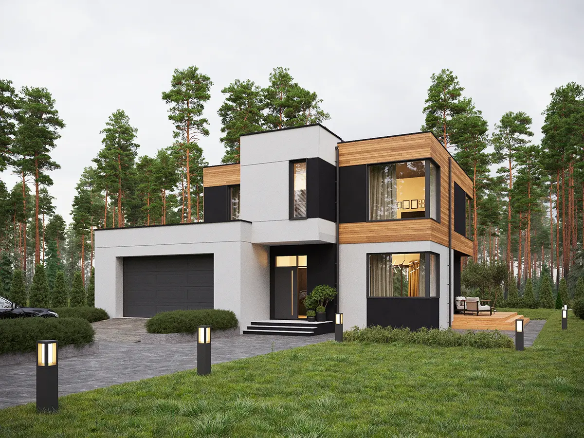 Divstāvu mājas projekts 211 m²: 4 Guļamistabas, Darba istaba, 4 Vannasistabas, Atvērta virtuve, Garāža