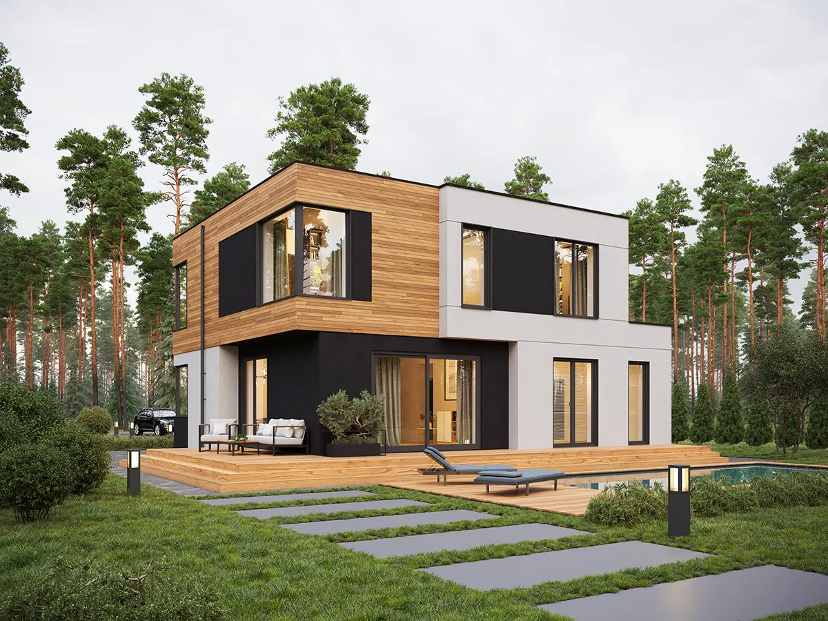 Divstāvu mājas projekts 211 m²: 4 Guļamistabas, Darba istaba, 4 Vannasistabas, Atvērta virtuve, Garāža