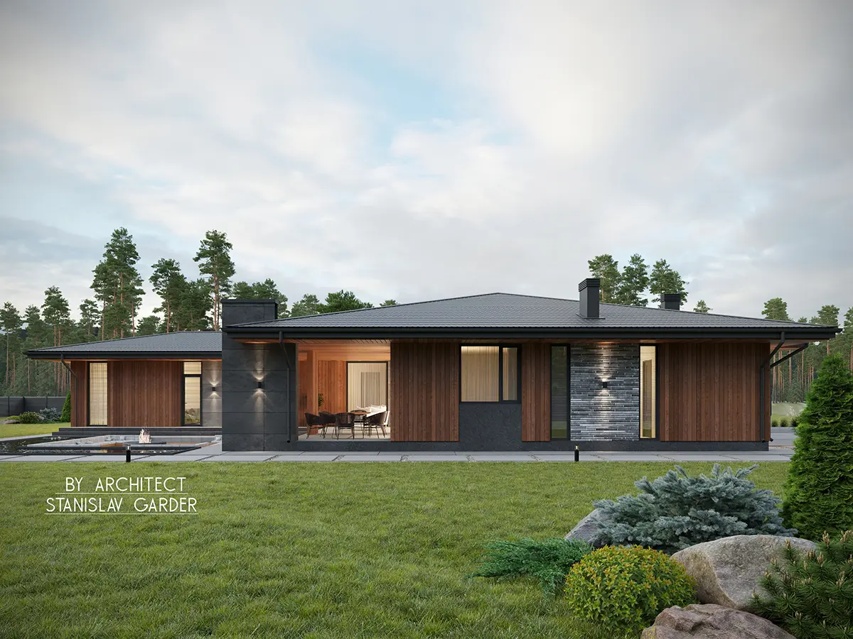 Vienstāva mājas projekts 213 m²: 5 Guļamistabas, 3 Vannasistabas, Atvērta virtuve, bez Garāžas