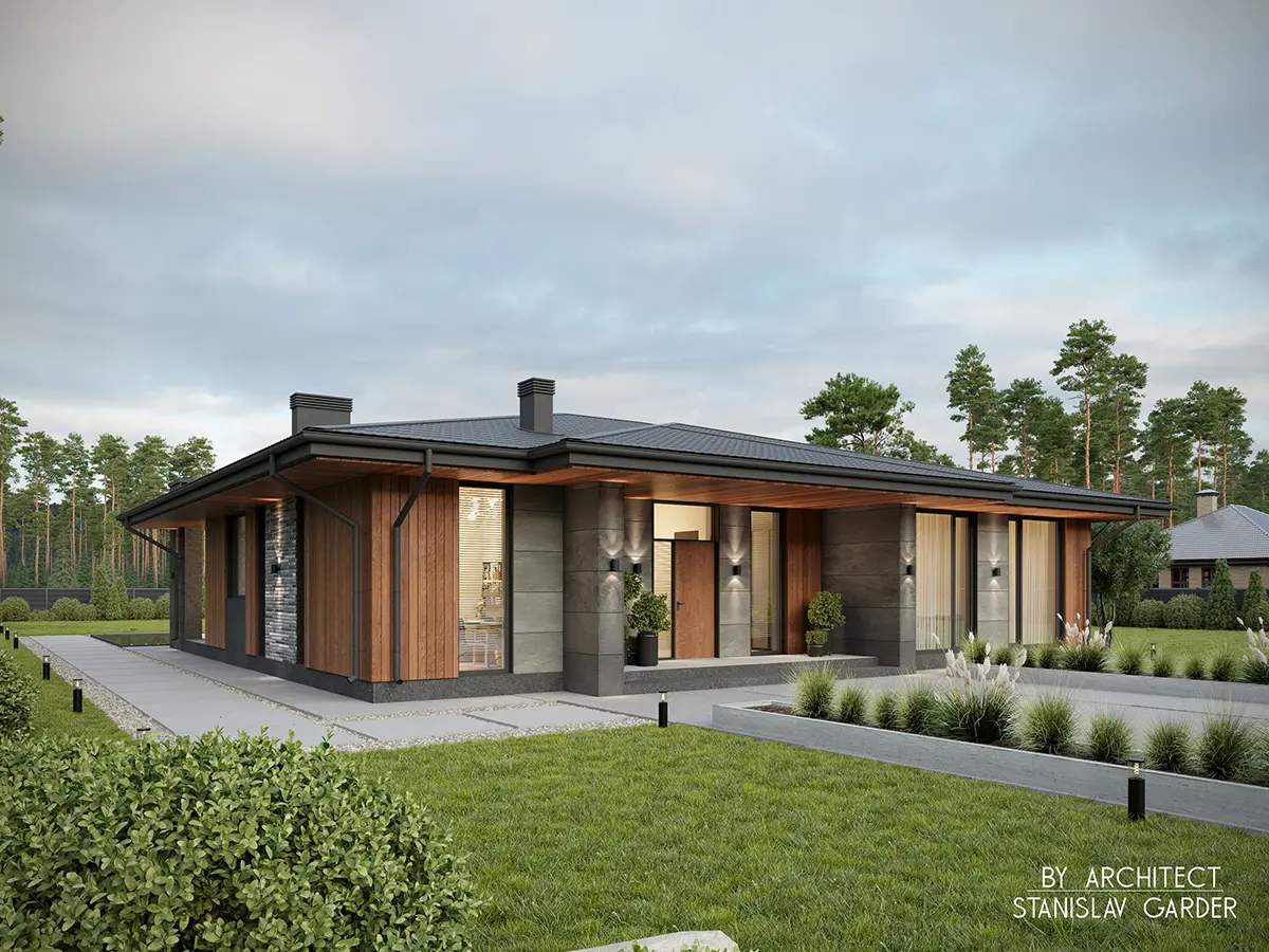 Vienstāva mājas projekts 213 m²: 5 Guļamistabas, 3 Vannasistabas, Atvērta virtuve, bez Garāžas
