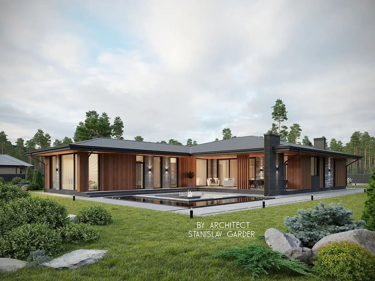 Vienstāva mājas projekts 213 m²: 5 Guļamistabas, 3 Vannasistabas, Atvērta virtuve, bez Garāžas