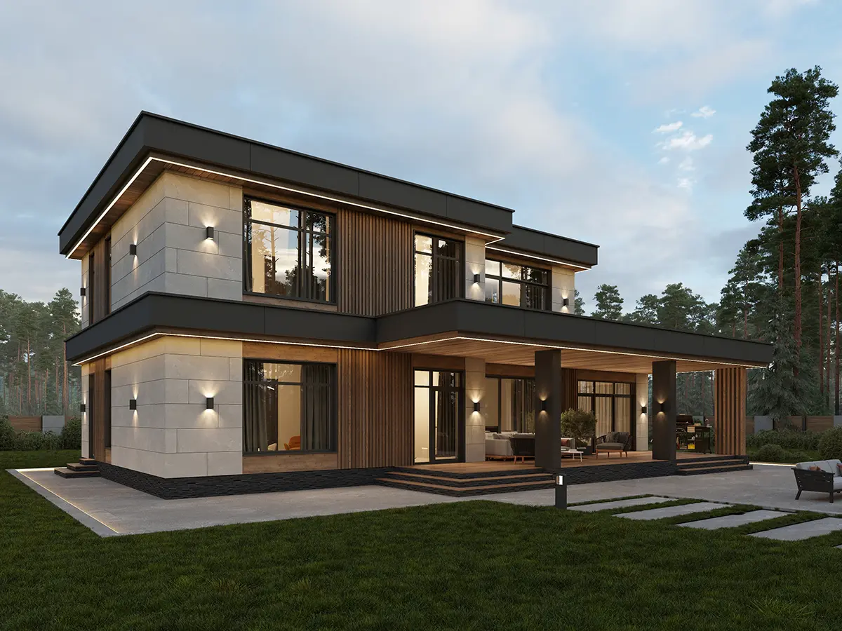 Divstāvu mājas projekts 228 m²: 4 Guļamistabas, Darba istaba, 3 Vannasistabas, Atvērta virtuve, bez Garāžas