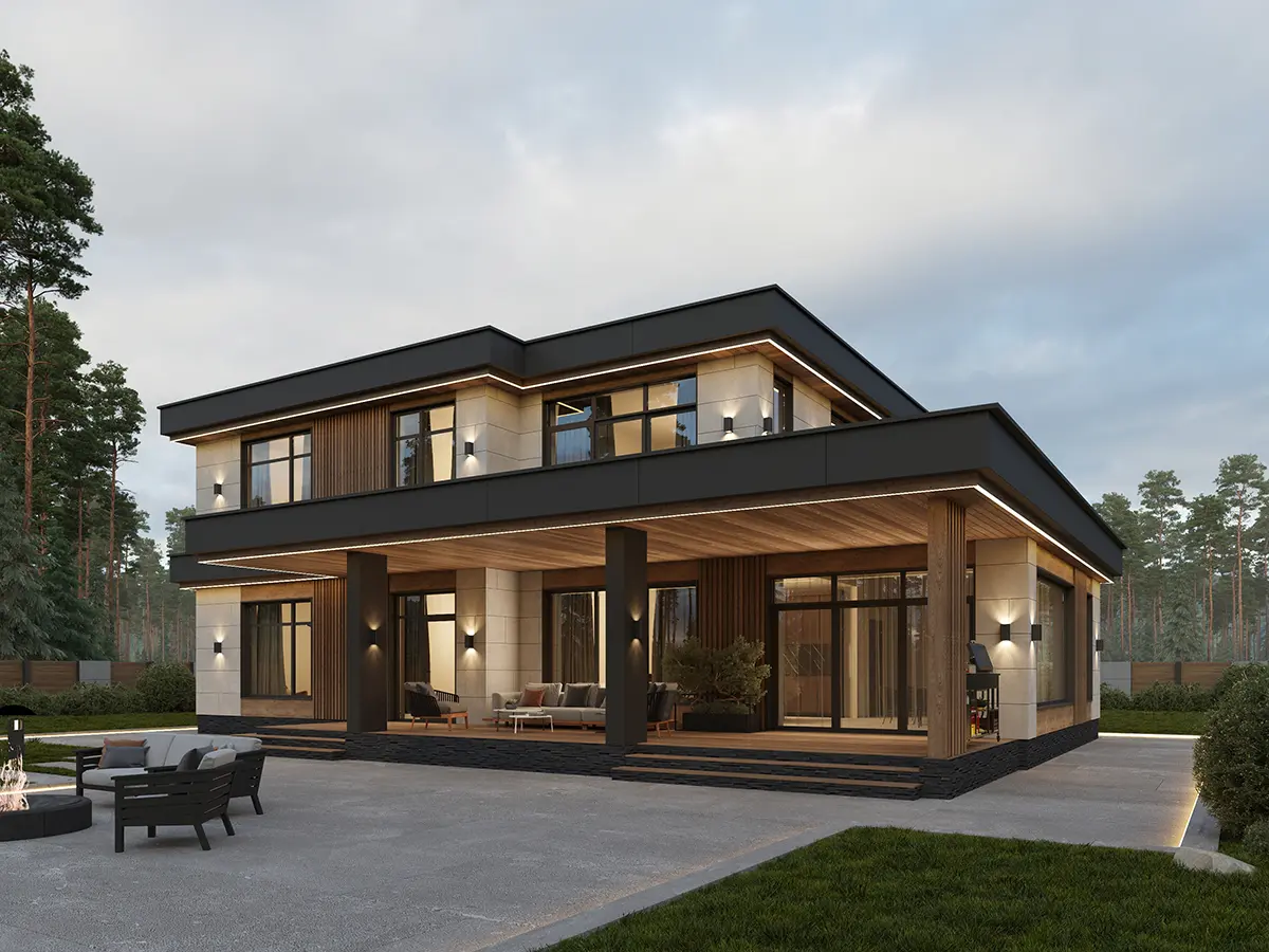 Divstāvu mājas projekts 228 m²: 4 Guļamistabas, Darba istaba, 3 Vannasistabas, Atvērta virtuve, bez Garāžas