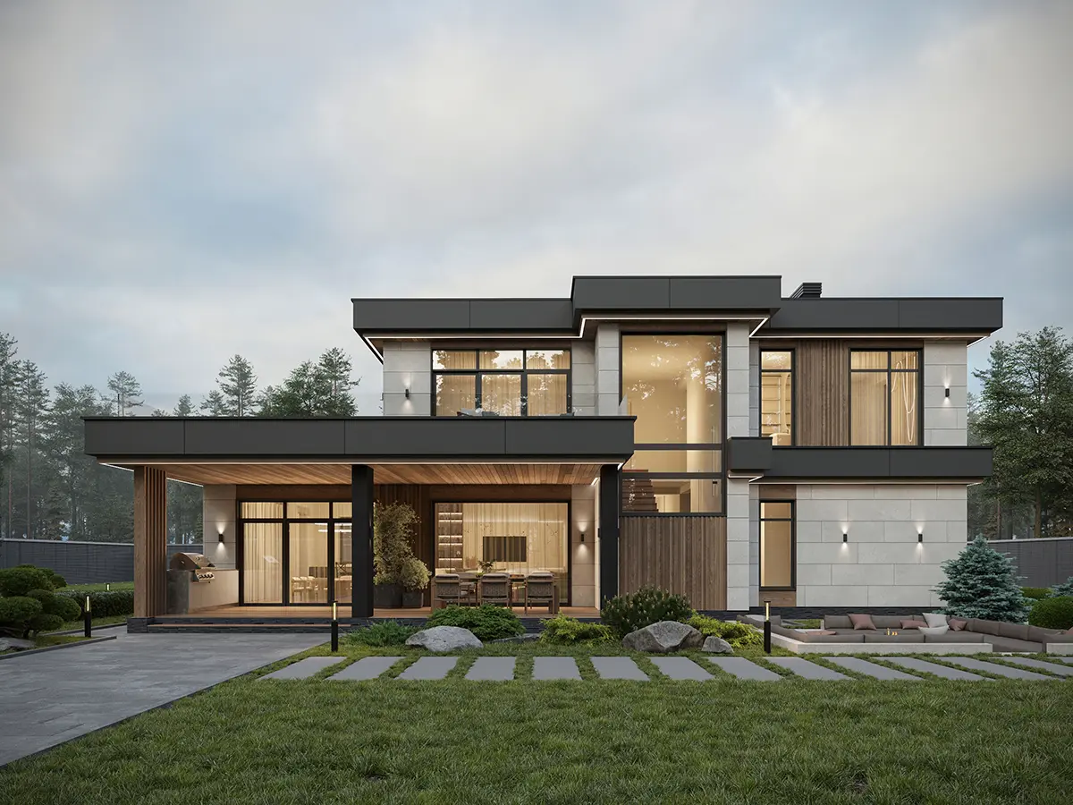 Divstāvu mājas projekts 227 m²: 4 Guļamistabas, Darba istaba, 3 Vannasistabas, Atvērta virtuve, bez Garāžas