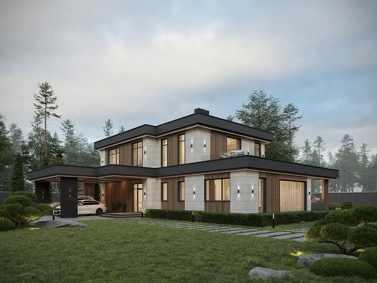 Divstāvu mājas projekts 227 m²: 4 Guļamistabas, Darba istaba, 3 Vannasistabas, Atvērta virtuve, bez Garāžas