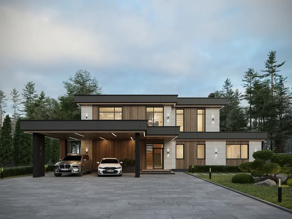 Divstāvu mājas projekts 227 m²: 4 Guļamistabas, Darba istaba, 3 Vannasistabas, Atvērta virtuve, bez Garāžas
