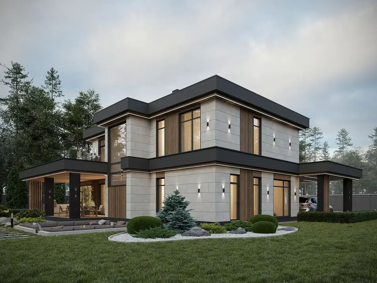 Divstāvu mājas projekts 227 m²: 4 Guļamistabas, Darba istaba, 3 Vannasistabas, Atvērta virtuve, bez Garāžas