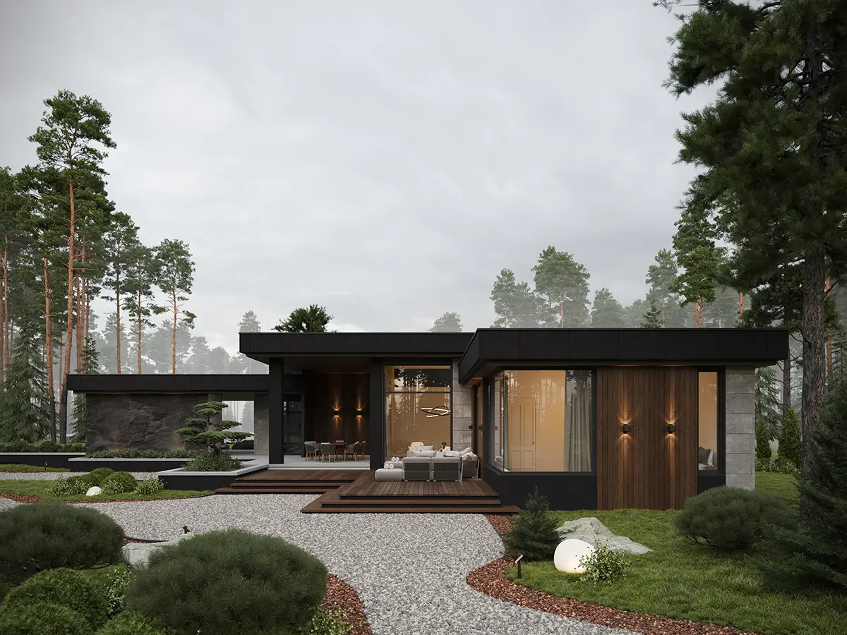 Vienstāva mājas projekts 206 m²: 2 Guļamistabas, Darba istaba, 3 Vannasistabas, Atvērta virtuve, bez Garāžas