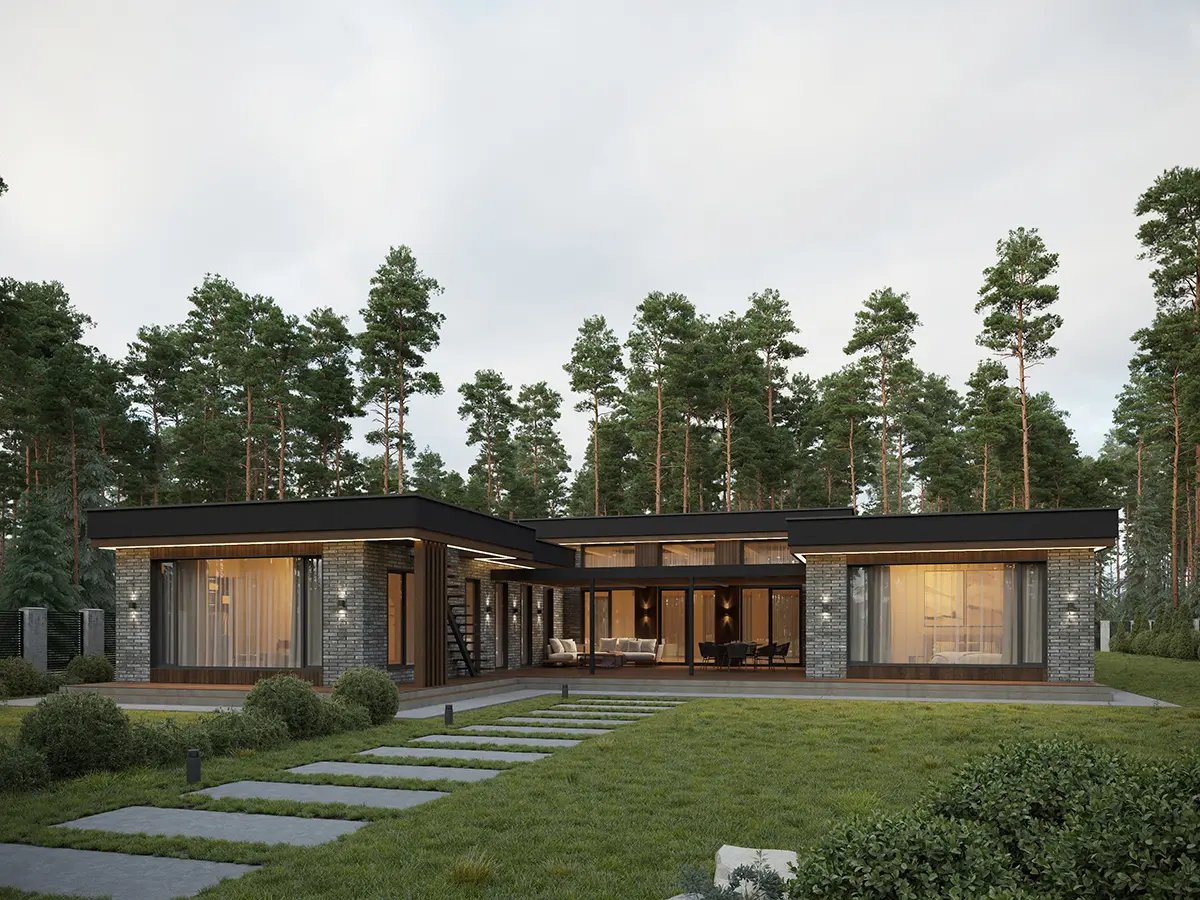 Vienstāva mājas projekts 282 m²: 3 Guļamistabas, Darba istaba, 4 Vannasistabas, Atvērta virtuve, Garāža