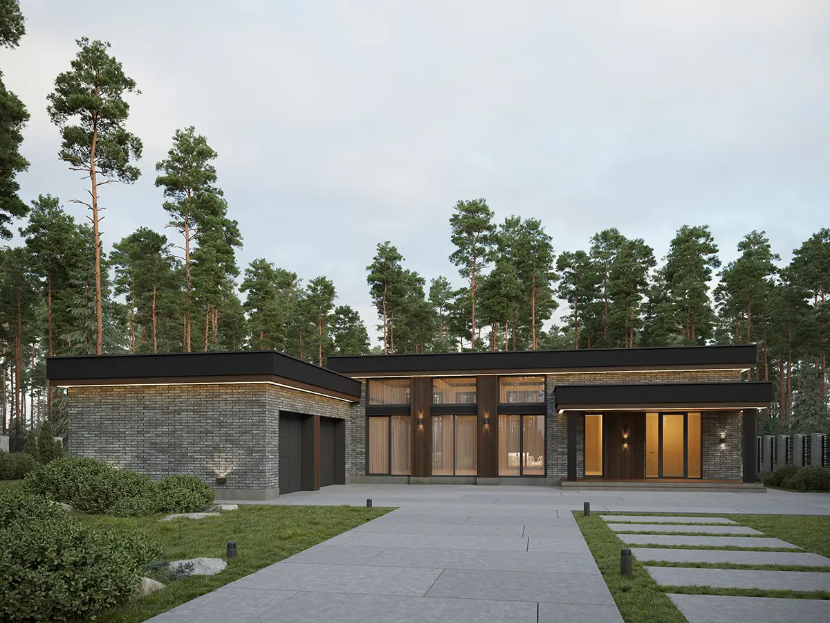 Vienstāva mājas projekts 282 m²: 3 Guļamistabas, Darba istaba, 4 Vannasistabas, Atvērta virtuve, Garāža