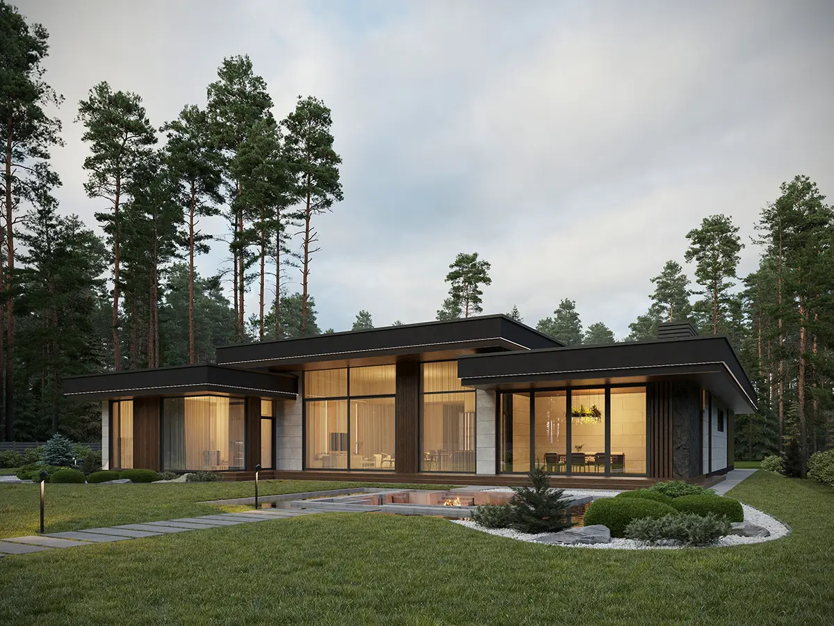 Vienstāva mājas projekts 313 m²: 4 Guļamistabas, Darba istaba, 3 Vannasistabas, Atvērta virtuve, Garāža