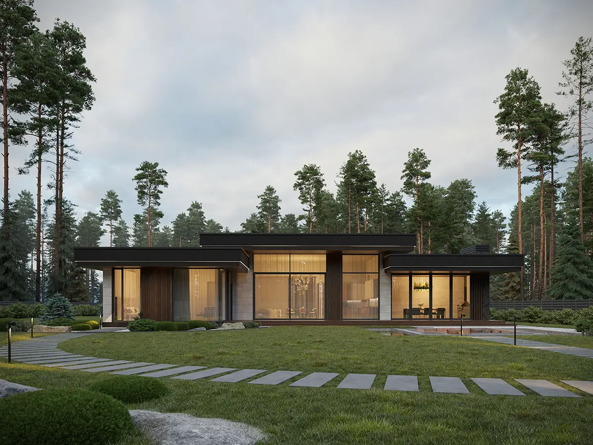 Vienstāva mājas projekts 313 m²: 4 Guļamistabas, Darba istaba, 3 Vannasistabas, Atvērta virtuve, Garāža