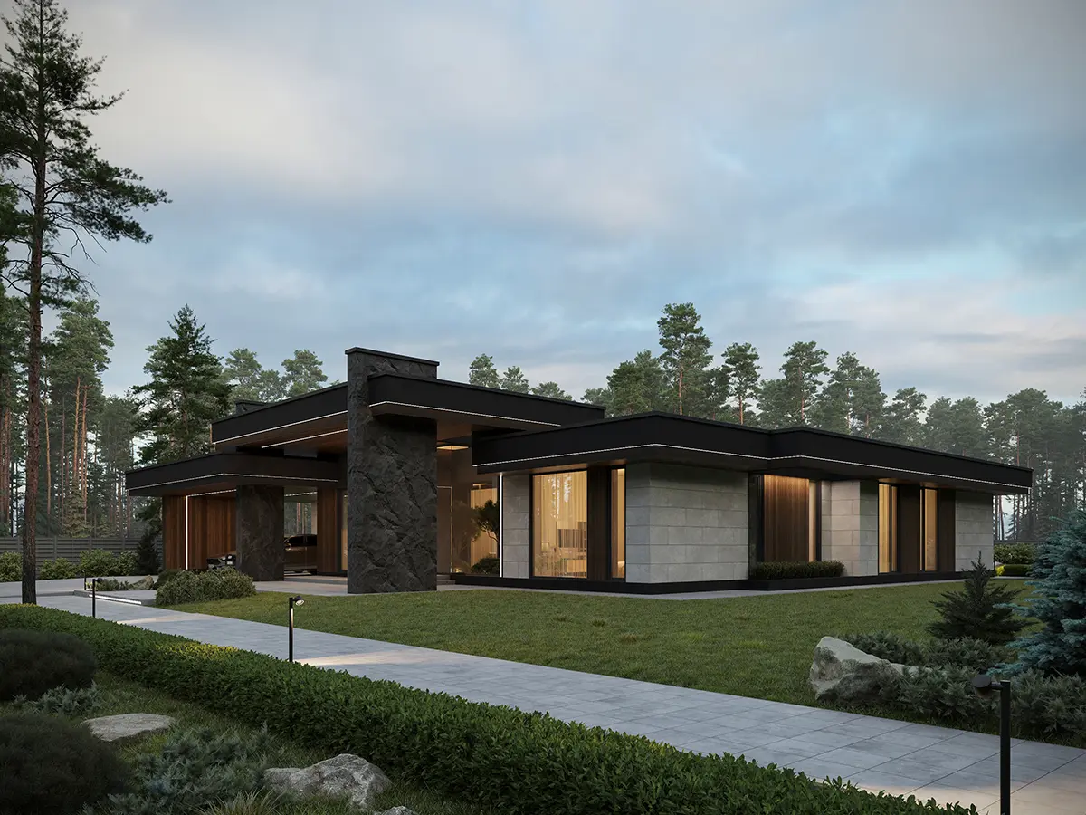Vienstāva mājas projekts 313 m²: 4 Guļamistabas, Darba istaba, 3 Vannasistabas, Atvērta virtuve, Garāža