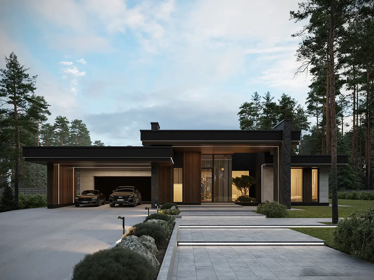 Vienstāva mājas projekts 313 m²: 4 Guļamistabas, Darba istaba, 3 Vannasistabas, Atvērta virtuve, Garāža