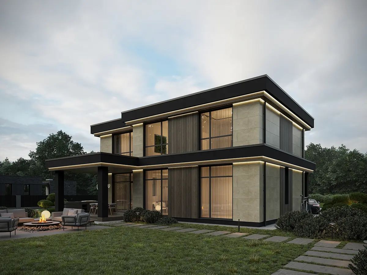 Divstāvu mājas projekts 183 m²: 3 Guļamistabas, Darba istaba, 2 Vannasistabas, Atvērta virtuve, bez Garāžas