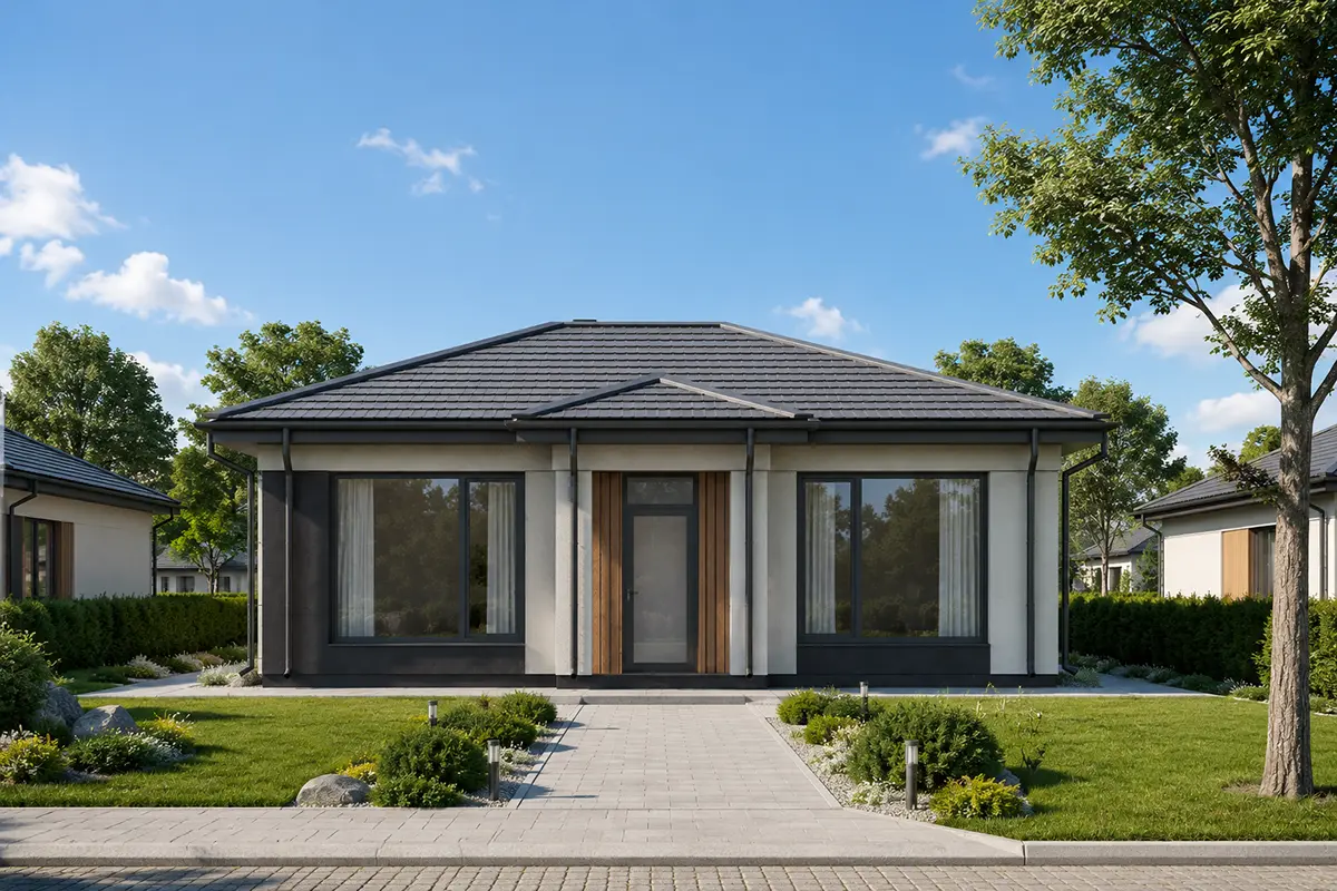 Vienstāva mājas projekts 65 m²: 2 Guļamistabas, 1 Vannasistabas, Atvērta virtuve, bez Garāžas