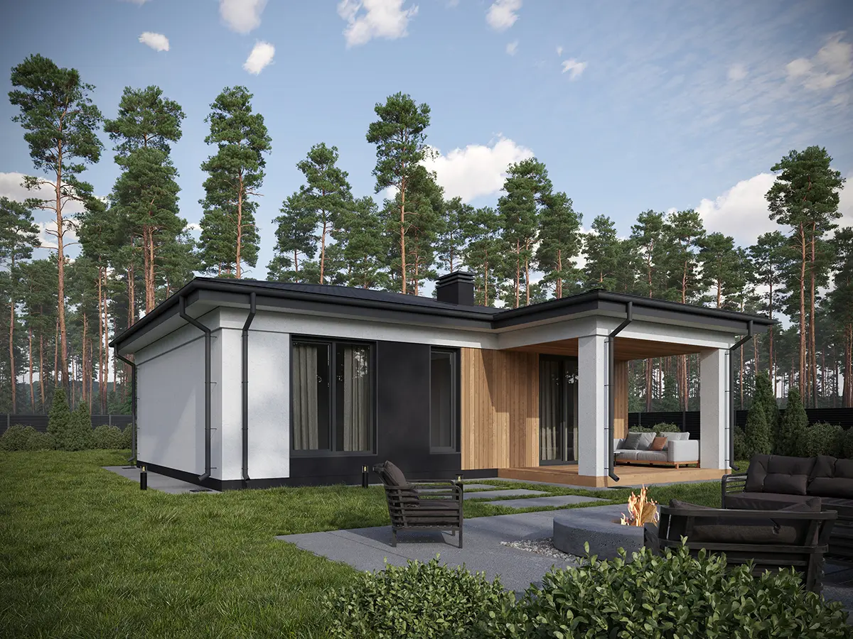 Vienstāva mājas projekts 65 m²: 2 Guļamistabas, 1 Vannasistabas, Atvērta virtuve, bez Garāžas