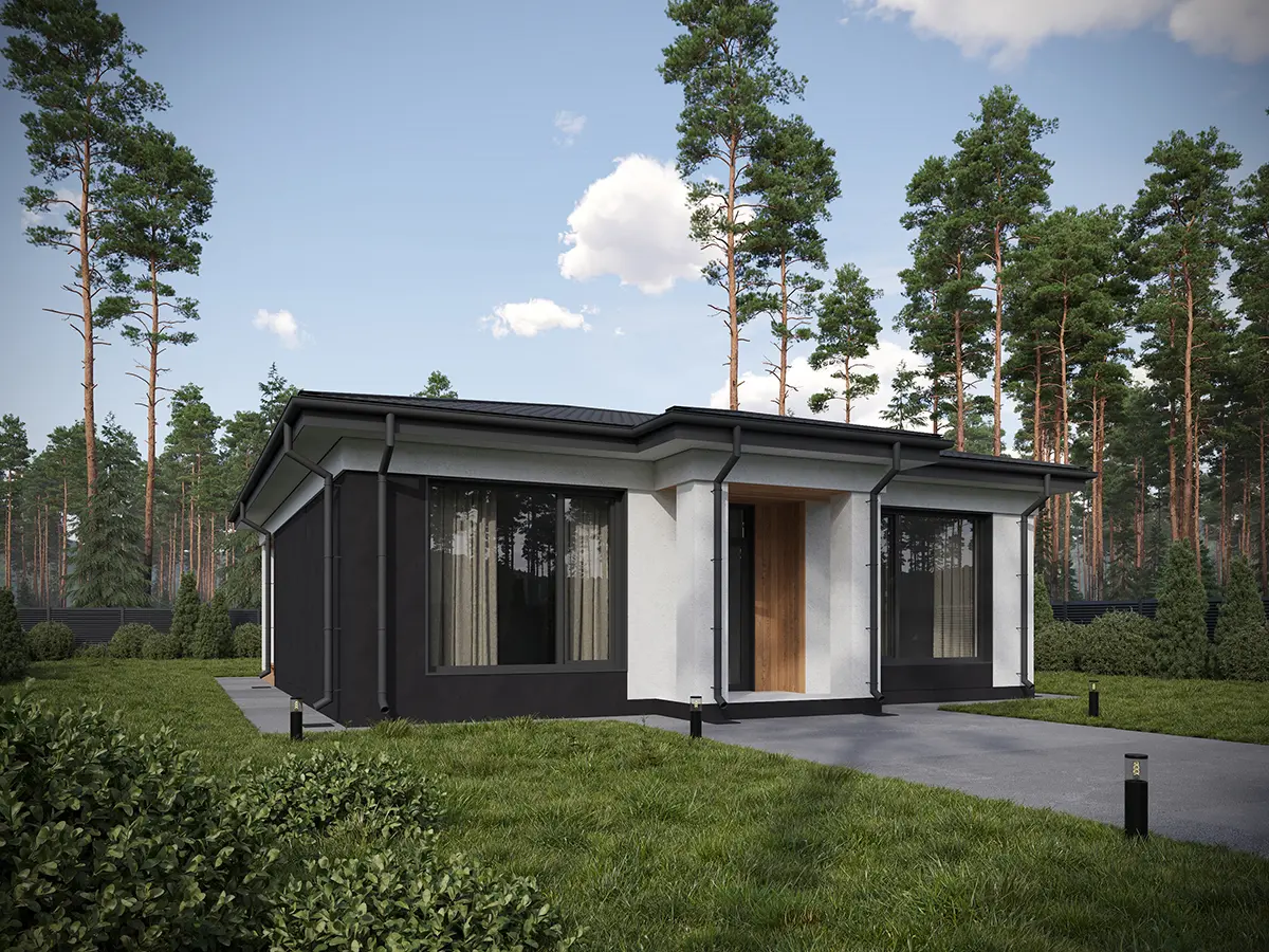 Vienstāva mājas projekts 65 m²: 2 Guļamistabas, 1 Vannasistabas, Atvērta virtuve, bez Garāžas