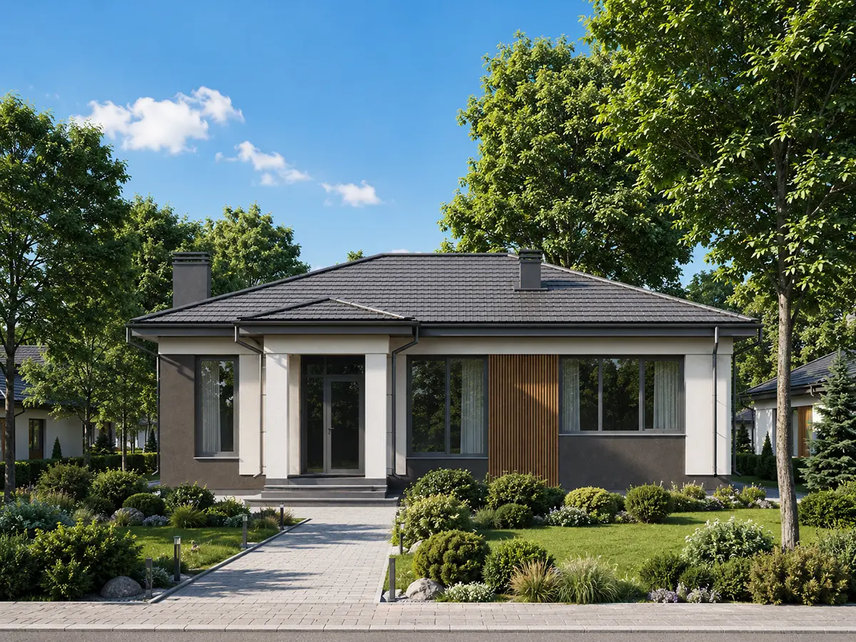 Vienstāva mājas projekts 96 m²: 3 Guļamistabas, 1 Vannasistabas, Atvērta virtuve, bez Garāžas