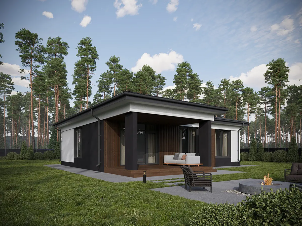 Vienstāva mājas projekts 96 m²: 3 Guļamistabas, 1 Vannasistabas, Atvērta virtuve, bez Garāžas
