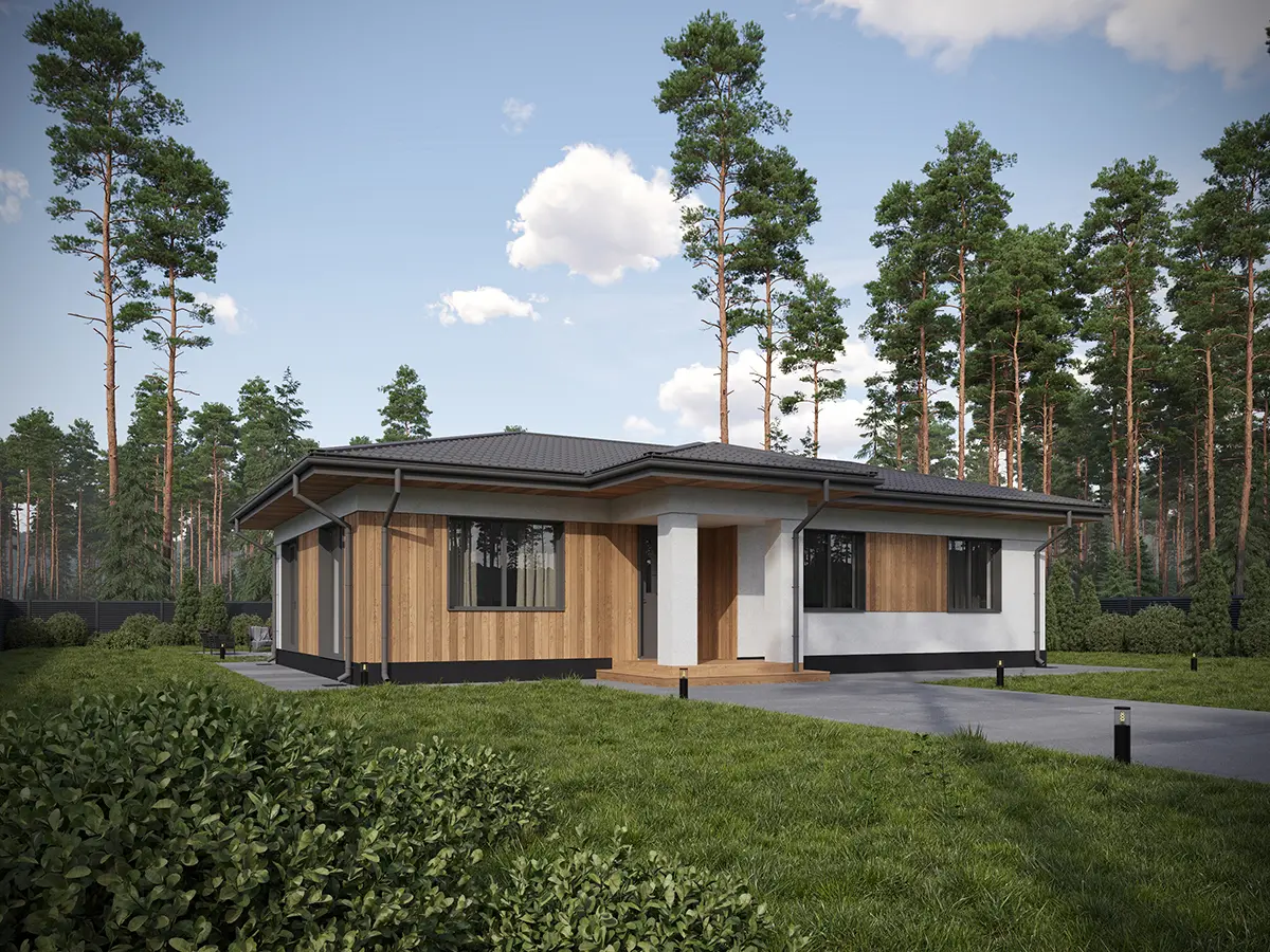 Vienstāva mājas projekts 97 m²: 3 Guļamistabas, 2 Vannasistabas, Atvērta virtuve, bez Garāžas
