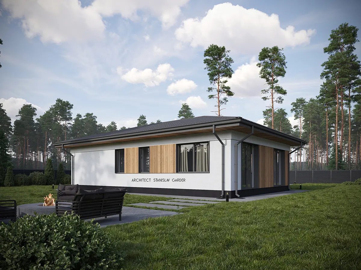 Vienstāva mājas projekts 97 m²: 3 Guļamistabas, 2 Vannasistabas, Atvērta virtuve, bez Garāžas