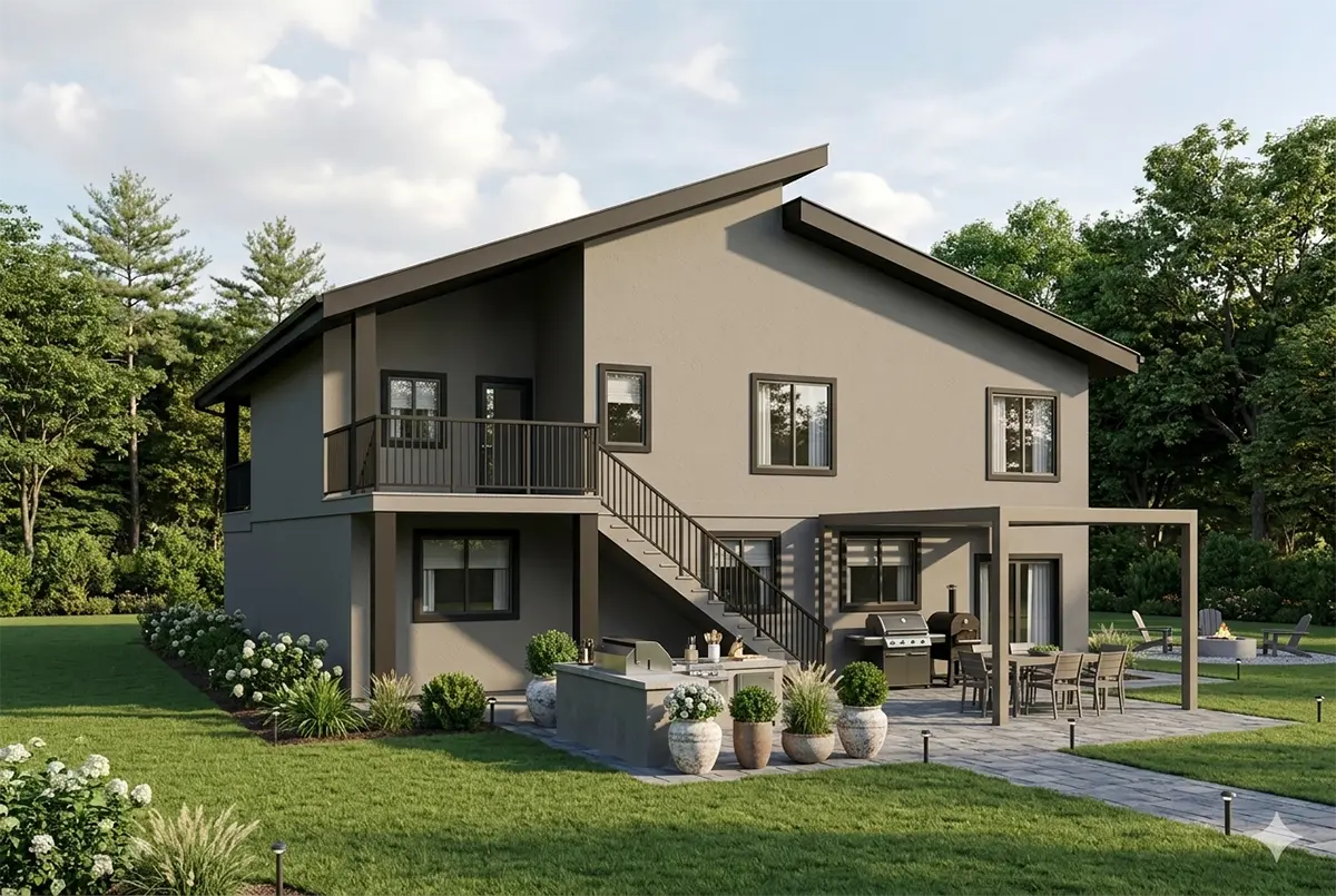 Divstāvu mājas projekts 303 m²: 5 Guļamistabas, Darba istaba, 4 Vannasistabas, Atvērta virtuve, Garāža