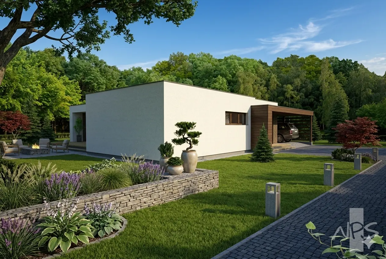 Vienstāva mājas projekts 108 m²: 2 Guļamistabas, Darba istaba, 1 Vannasistabas, Atvērta virtuve, bez Garāžas