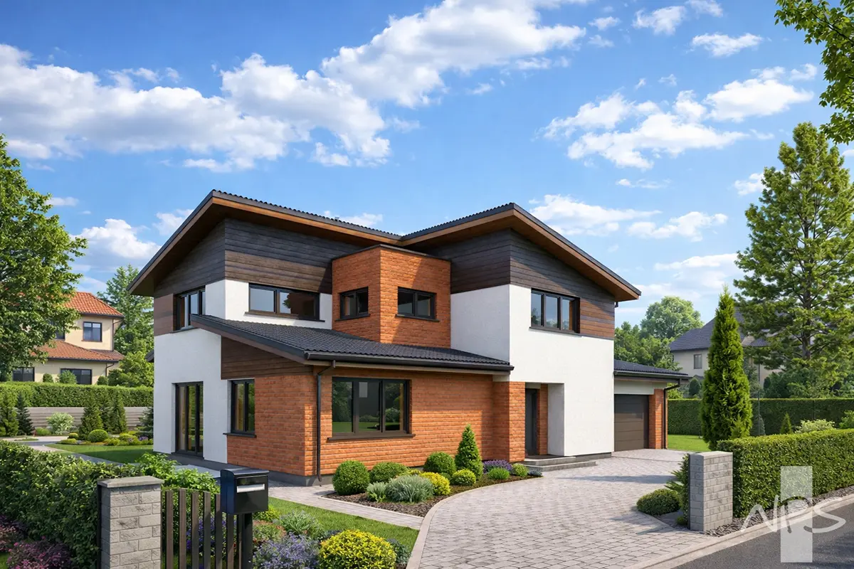 Divstāvu mājas projekts 194 m²: 3 Guļamistabas, Darba istaba, 2 Vannasistabas, Garāža