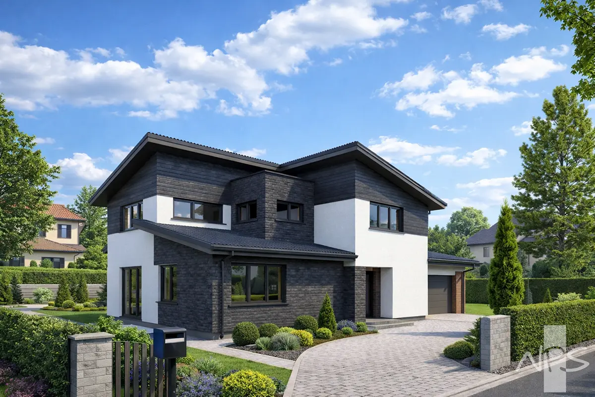 Divstāvu mājas projekts 194 m²: 3 Guļamistabas, Darba istaba, 2 Vannasistabas, Garāža