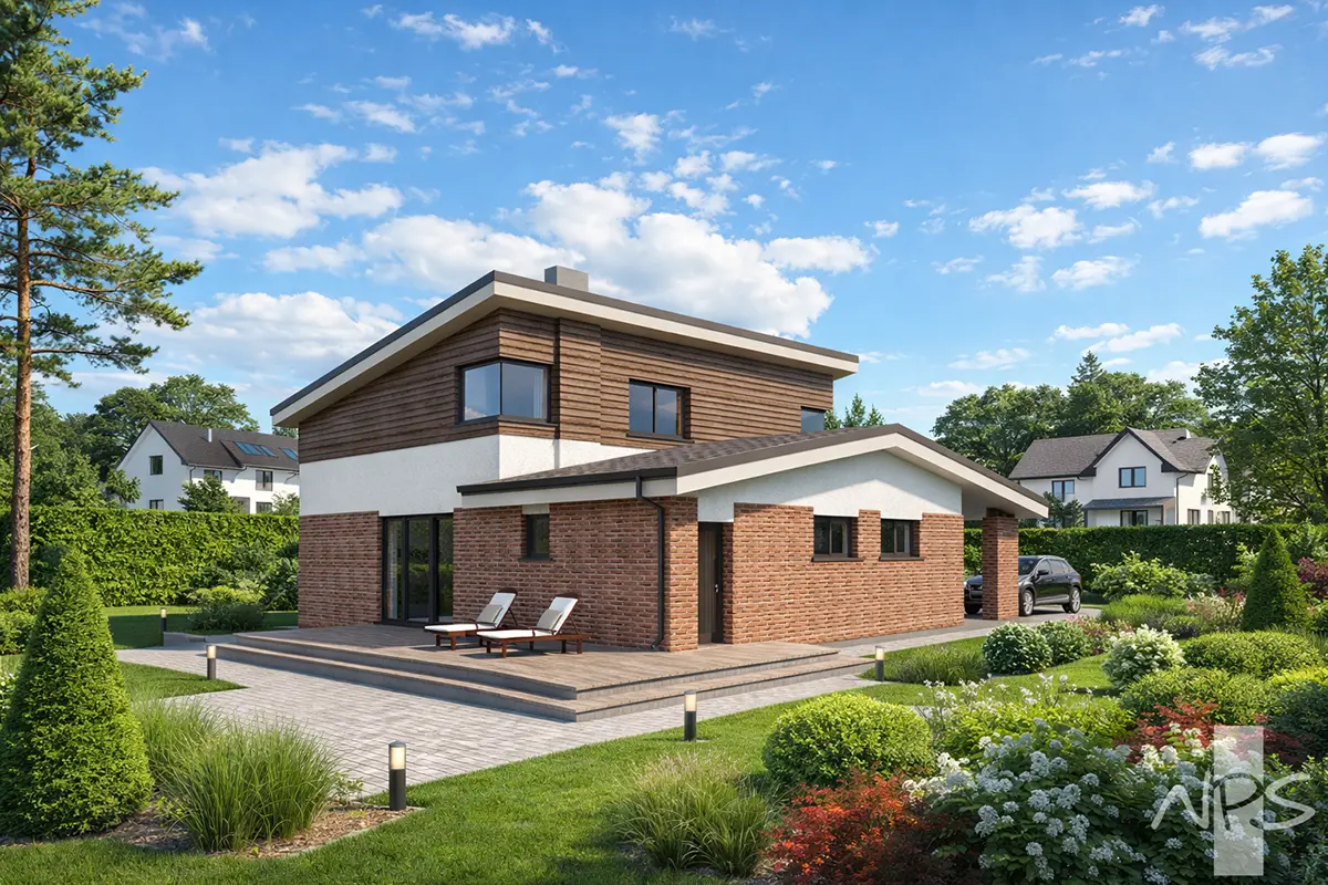 Divstāvu mājas projekts 157 m²: 3 Guļamistabas, 2 Vannasistabas, Atvērta virtuve, Garāža