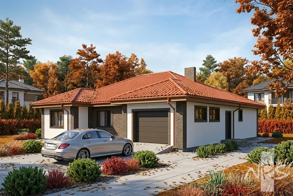 Vienstāva mājas projekts 161 m²: 3 Guļamistabas, Darba istaba, 2 Vannasistabas, Garāža