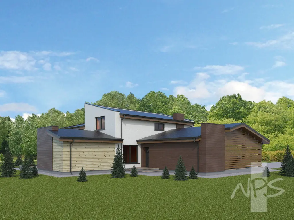 Divstāvu mājas projekts 215 m²: 2 Guļamistabas, Darba istaba, 3 Vannasistabas, Atvērta virtuve, Garāža