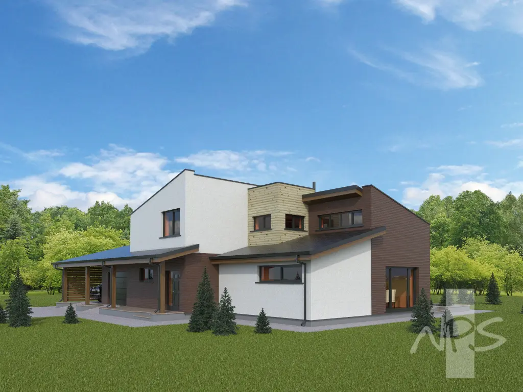 Divstāvu mājas projekts 215 m²: 2 Guļamistabas, Darba istaba, 3 Vannasistabas, Atvērta virtuve, Garāža