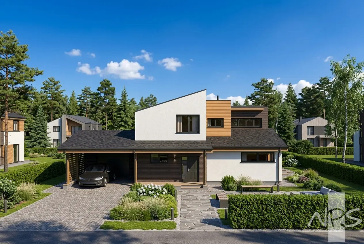 Divstāvu mājas projekts 215 m²: 2 Guļamistabas, Darba istaba, 3 Vannasistabas, Atvērta virtuve, Garāža