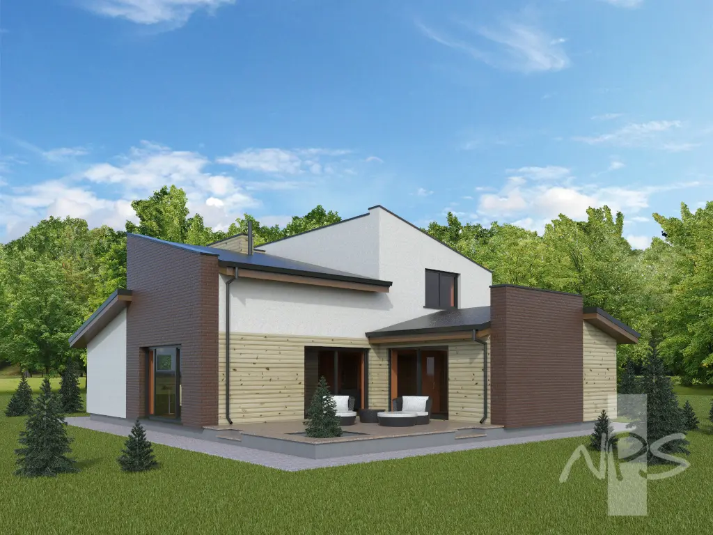 Divstāvu mājas projekts 215 m²: 2 Guļamistabas, Darba istaba, 3 Vannasistabas, Atvērta virtuve, Garāža