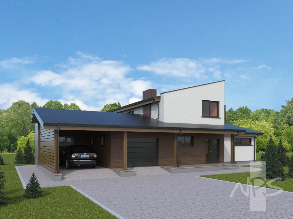 Divstāvu mājas projekts 215 m²: 2 Guļamistabas, Darba istaba, 3 Vannasistabas, Atvērta virtuve, Garāža