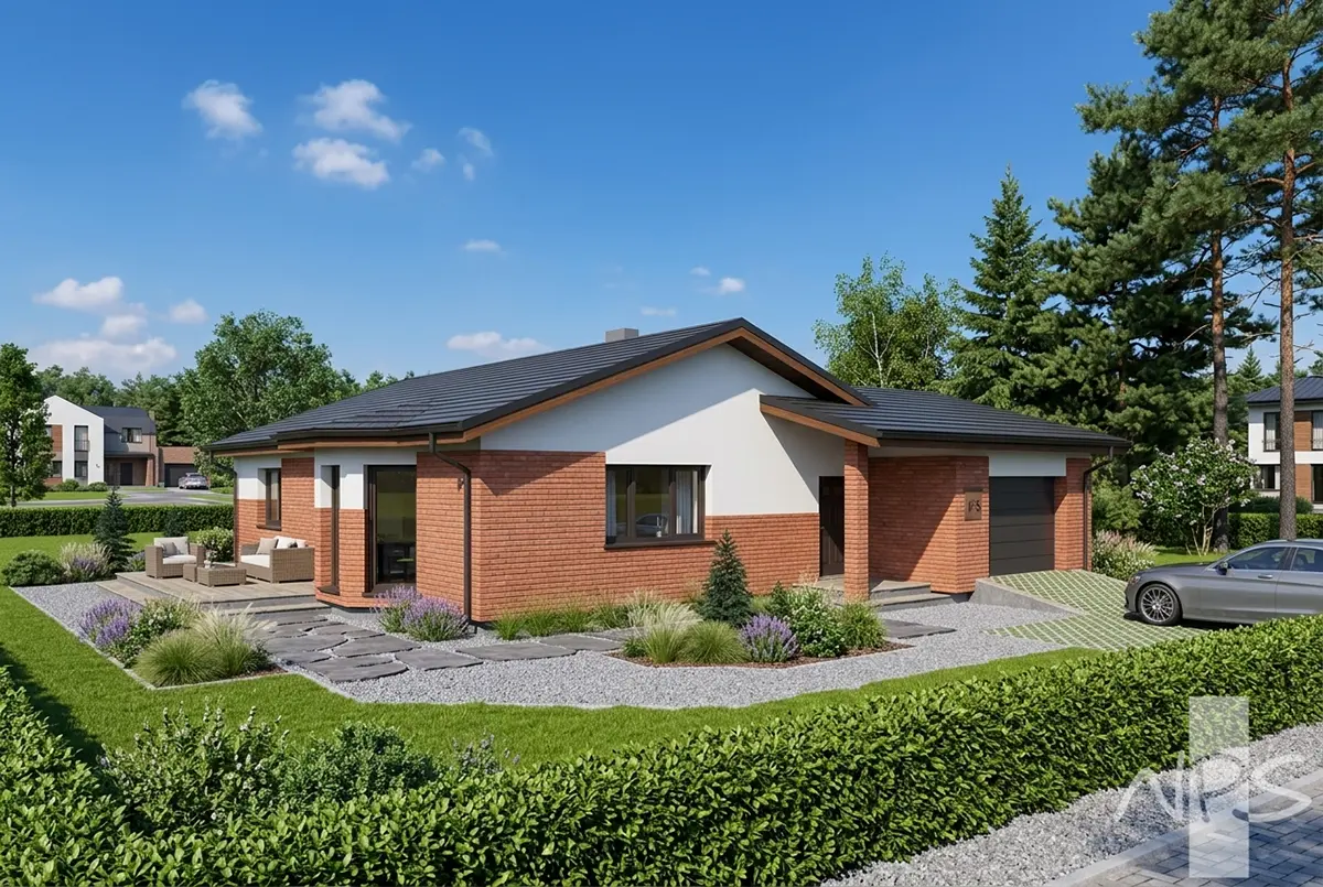 Vienstāva mājas projekts 146 m²: 3 Guļamistabas, 2 Vannasistabas, Atvērta virtuve, Garāža
