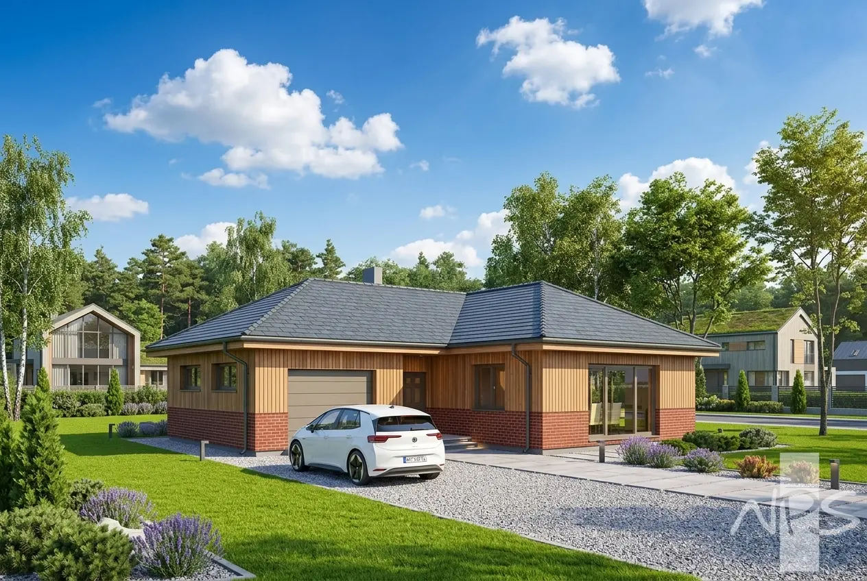 Vienstāva mājas projekts 133 m²: 3 Guļamistabas, 1 Vannasistabas, Atvērta virtuve, Garāža