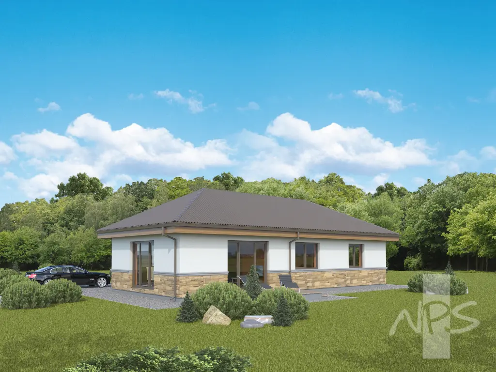 Vienstāva mājas projekts 135 m²: 3 Guļamistabas, 2 Vannasistabas, Atvērta virtuve, Garāža
