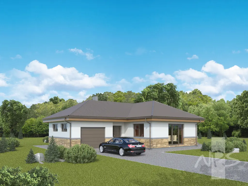 Vienstāva mājas projekts 135 m²: 3 Guļamistabas, 2 Vannasistabas, Atvērta virtuve, Garāža