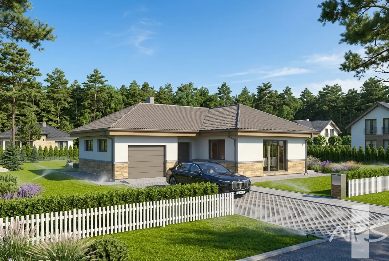 Vienstāva mājas projekts 135 m²: 3 Guļamistabas, 2 Vannasistabas, Atvērta virtuve, Garāža