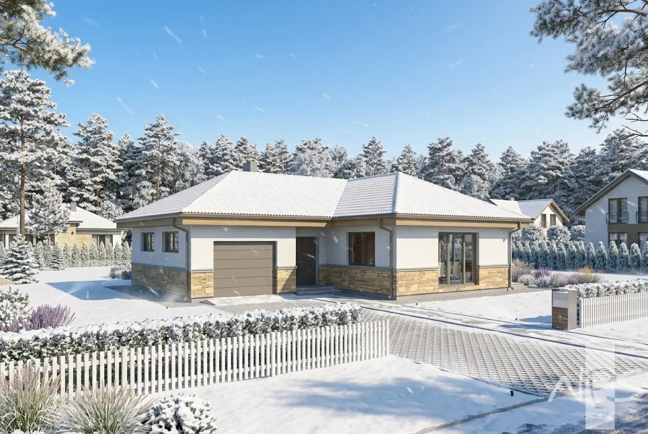 Vienstāva mājas projekts 135 m²: 3 Guļamistabas, 2 Vannasistabas, Atvērta virtuve, Garāža