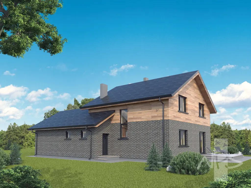 Mājas projekts ar mansardu 195 m²: 3 Guļamistabas, Darba istaba, 2 Vannasistabas, Atvērta virtuve, Garāža
