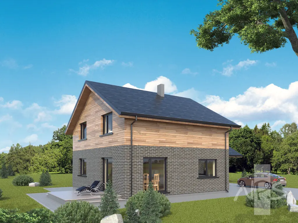 Mājas projekts ar mansardu 195 m²: 3 Guļamistabas, Darba istaba, 2 Vannasistabas, Atvērta virtuve, Garāža