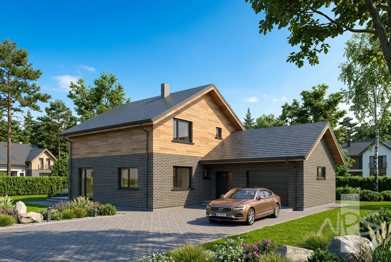 Mājas projekts ar mansardu 195 m²: 3 Guļamistabas, Darba istaba, 2 Vannasistabas, Atvērta virtuve, Garāža