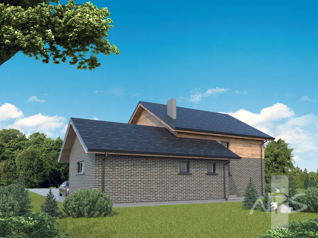 Mājas projekts ar mansardu 195 m²: 3 Guļamistabas, Darba istaba, 2 Vannasistabas, Atvērta virtuve, Garāža