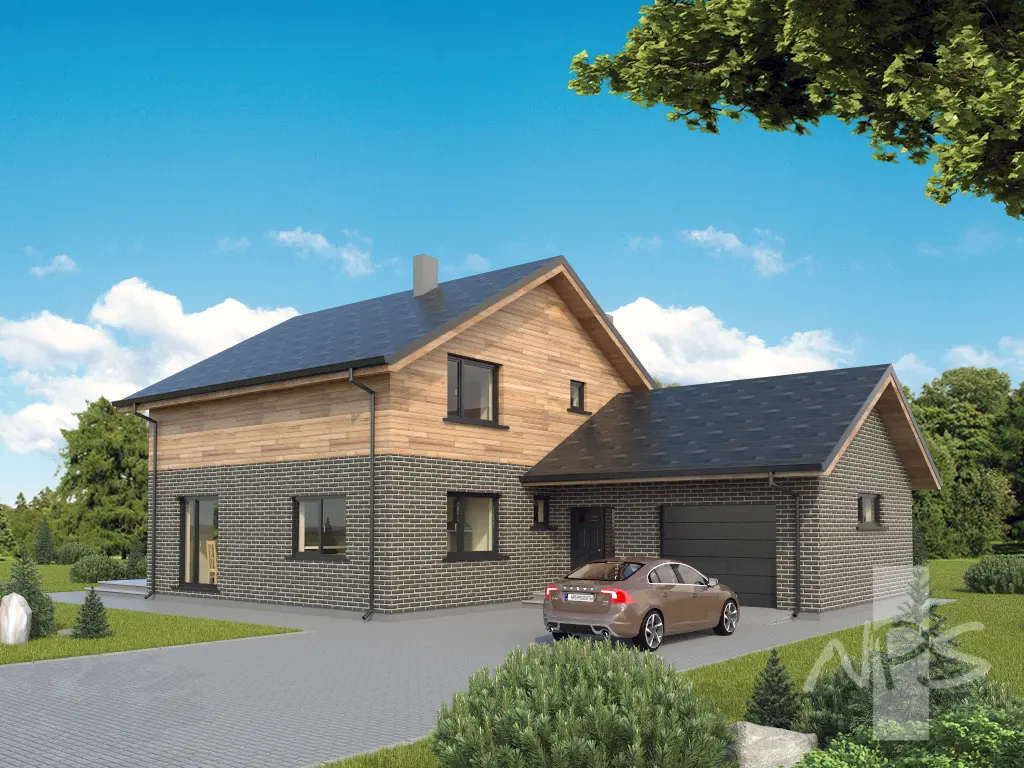 Mājas projekts ar mansardu 195 m²: 3 Guļamistabas, Darba istaba, 2 Vannasistabas, Atvērta virtuve, Garāža