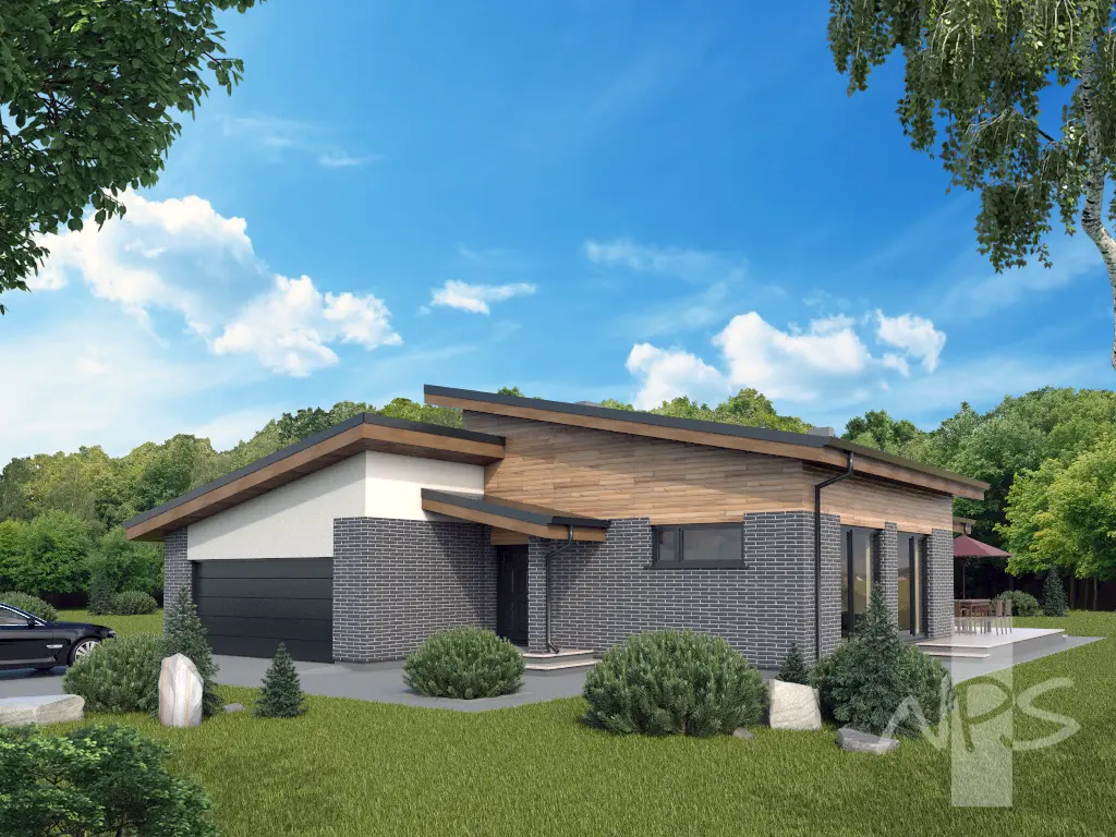 Vienstāva mājas projekts 173 m²: 3 Guļamistabas, 2 Vannasistabas, Atvērta virtuve, Garāža