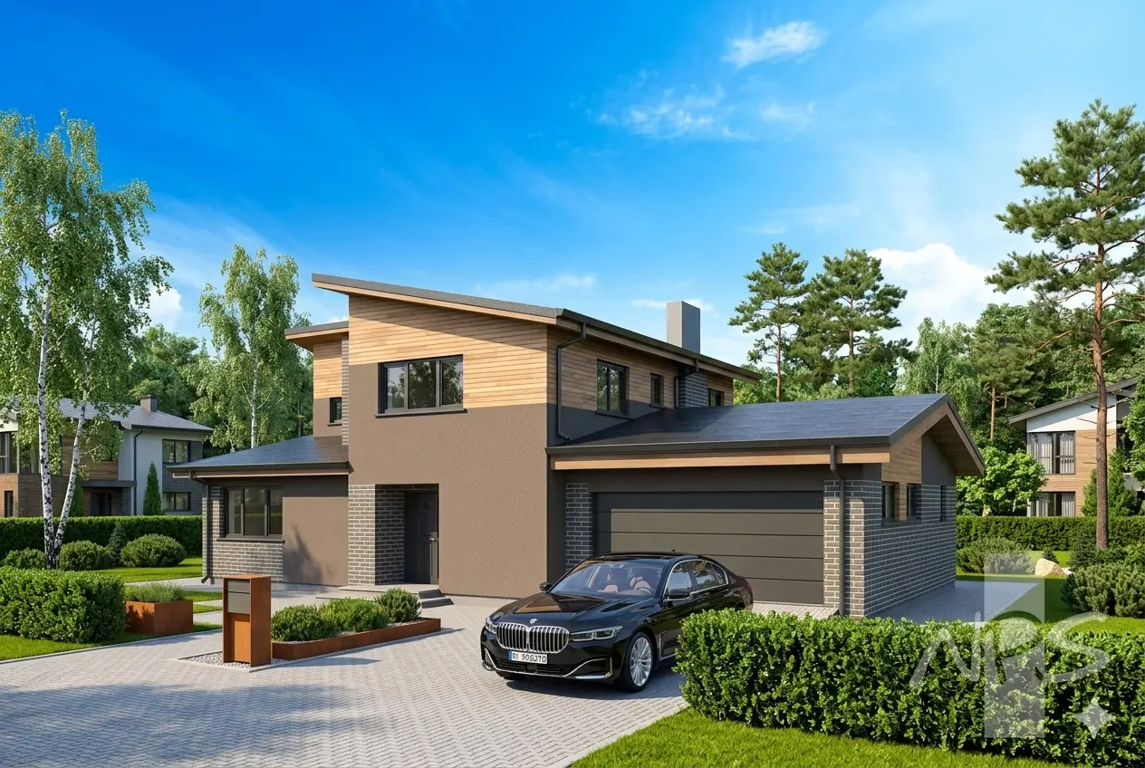 Divstāvu mājas projekts 219 m²: 3 Guļamistabas, Darba istaba, 3 Vannasistabas, Atvērta virtuve, Garāža